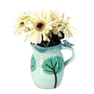 Studio Art Pottery Pitcher Hand Painted Tree with Bird on Handle Celadon Color